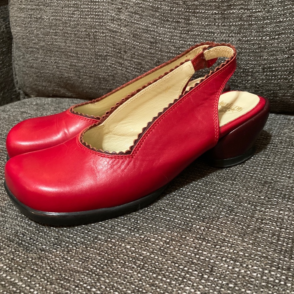 John Fluevog red Cindy heart heel sling back pumps. Size 6.5.